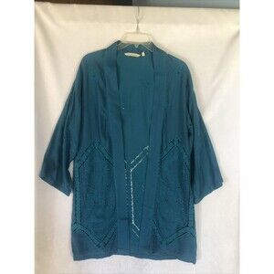 Soft Surroundings Blue Turquoise Long Cardigan Jacket, Cut-Outs, Lace, Size S